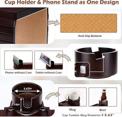 Couch Cup Holder Tray, 3 in 1 Large Couch Arm Trays,Bamboo Chair Clip on Tray with 360° Ratated Phone Cup Holder for Couch,Snacks,Remote,Phone-Black Walnut