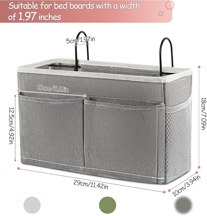 Frjjthchy Bedside Caddy Hanging Storage with Water Bottle Holder for Bunk Bed, Hospital Bed, Dorm Rooms (Grey)
