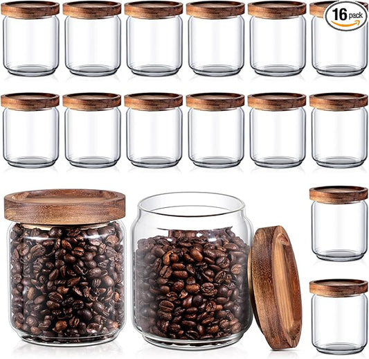 Irenare 16 Pcs Glass Containers Canister Set, 17 oz Food Storage Spice Jars with Airtight Lids, Clear Kitchen Containers for Coffee Sugar Tea Beans Nuts Candy Pantry Organization(Wood)