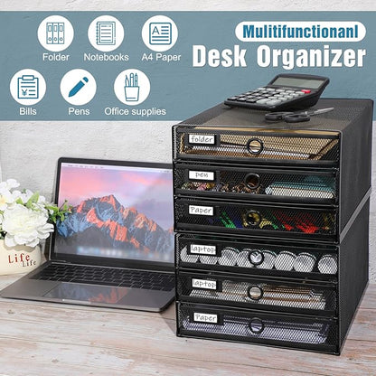 Zhanmai 2 Pack Black Desk Organizer with Drawer Total Wire Mesh Storage Tray Multifunctional Paper Sorter File Stand for Home Office Supplies Letter A4 Paper Office Accessories Back to School (3 Tier)