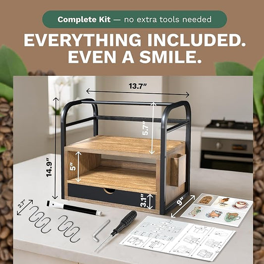 Coffee Bar Organizer for Countertop – 3-Tier Wood & Metal Shelf with Chalkboard Drawer, 6 Removable Mug Hooks, Side Caddy, Magnetic Stickers, Handle, Non-Slip Feet – Coffee & Tea Station