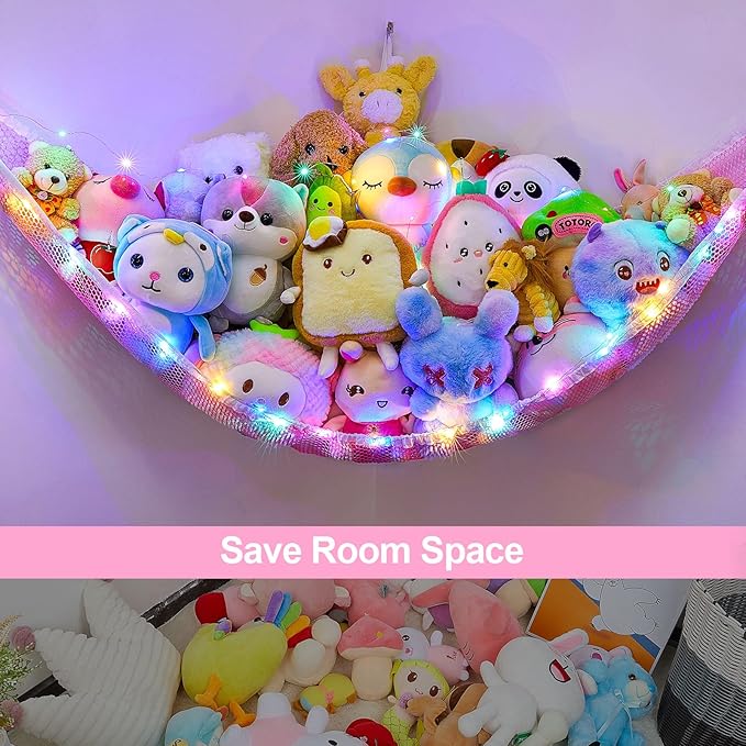 Unicorn Castle Stuffed Animals Net or Hammock Kids Toy Storage Organizer with LED Light Hanging Corner Stuffed Animals Holder Kids Girls Room Decor,Pink,Large (Pack of 1)