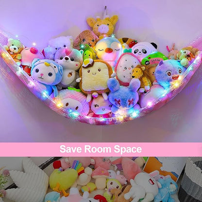 Unicorn Castle Stuffed Animals Net or Hammock Kids Toy Storage Organizer with LED Light Hanging Corner Stuffed Animals Holder Kids Girls Room Decor,Pink,Large (Pack of 1)