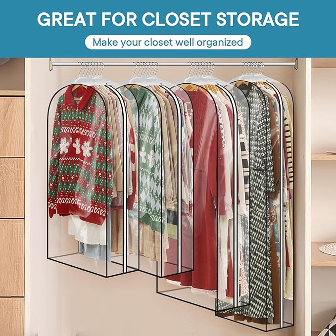 10" Gusseted Clear Garment Bags for Hanging Clothes, 43" Suit Bags for Closet Storage, All Clear Clothes Covers with Side Zipper for Coats, Shirts, Dresses, Jackets, 3 Pack