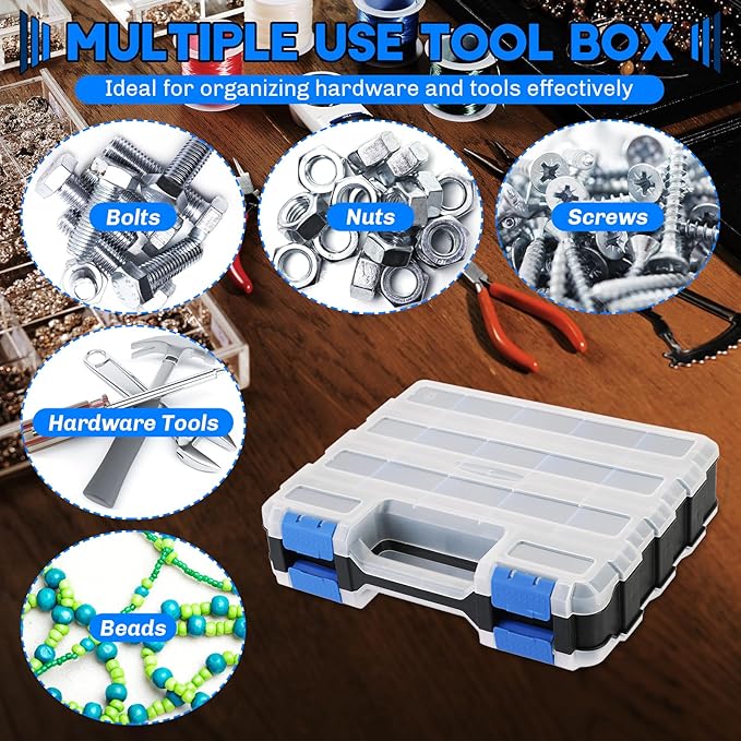 Small Parts Organizer | Storage Case Tools Box 34-Compartments Double Side Organizer Box with Removable Dividers for Small Hardware, Screws, Bolts, Nuts, Nails, Beads (Blue)
