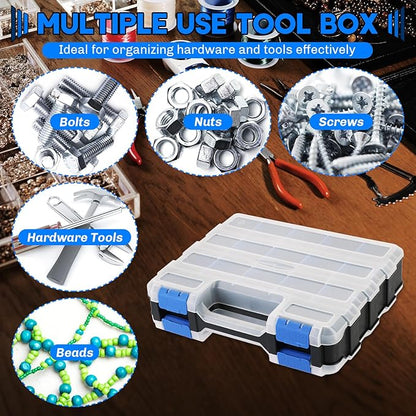 Small Parts Organizer | Storage Case Tools Box 34-Compartments Double Side Organizer Box with Removable Dividers for Small Hardware, Screws, Bolts, Nuts, Nails, Beads (Blue)