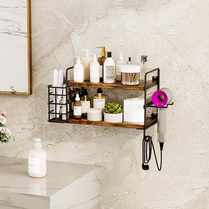 3-in-1 Wall Mounted Hair Dryer Holder with 2 Tier Shelves & Detachable Basket, Space Saving Organizer for Bathroom, Kitchen, Bedroom, Rust-Resistant, Easy Install (Rustic Brown)