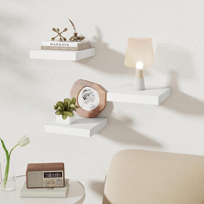 Fun Memories Square Floating Shelves for Wall, 9.3" W x 9.3" D x 1.4" H, Shelves for Wall with Invisible Brackets, Small Wood Storage Shelves for Kitchen, Living Room, Bedroom, Set of 3 (White)