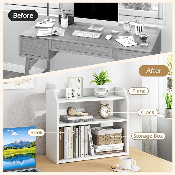 Giantex 3-Tier Desktop Bookshelf, Small Wood Countertop Organizer with Raised Guardrails, Space-Saving Desk Display Hutch, Modern Tabletop Shelf for Study Room, Office and Dorm, White (1)
