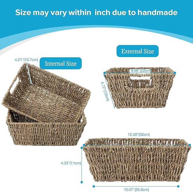 JS HANGER Wicker Storage Basket with Washable Liners, Metal Frame, Set of 2, 12.6"L x 8.7"W x 4.3"H, Seagrass Woven Basket for Pantry, Toilet, Bathroom, Bedroom, Patio, Natrual
