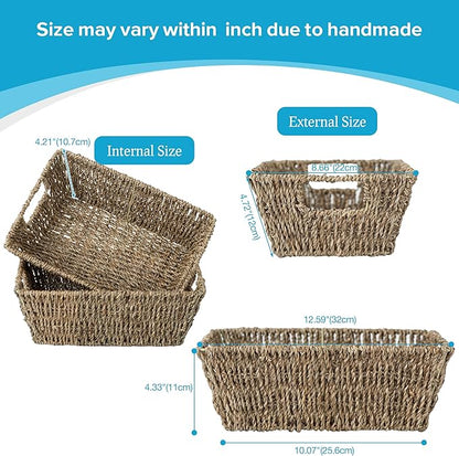 JS HANGER Wicker Storage Basket with Washable Liners, Metal Frame, Set of 2, 12.6"L x 8.7"W x 4.3"H, Seagrass Woven Basket for Pantry, Toilet, Bathroom, Bedroom, Patio, Natrual