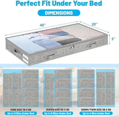 3 Inch Low Profile Under Bed Storage Drawer 4 Pack, Lightweight Underbed Clothes Storage Container Bins with NO STURCTURE, Shallow Storage Bag for Dorm & Home, With Clear Lids & Water-Resistant Fabric