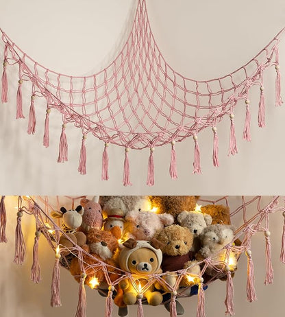 Stuffed Animal Toy Storage Hammock with LED Light - Macrame Jumbo Doll Corner Stuff Animals Organizer Decorations - Cute Hanging Plushie Net Kids Baby Nursery Bedroom Room Decor