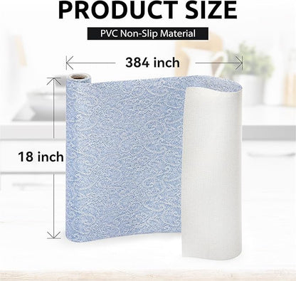 FIFTY FEET 18X384 Inch Shelf Liner with Scissor & Tape Measure for Kitchen Cabinets, PVC Drawer Liner for Dresser Non-Slip Bathroom, Non-Adhesive Cabinet Liner Washable (Pale Blue)