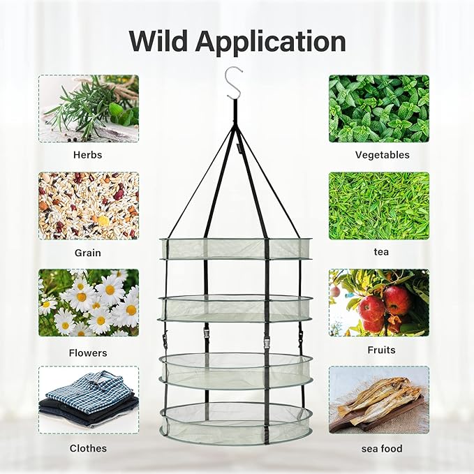 iPower 2 Feet 4 Layer Herb Drying Rack Hanging Foldable Dry Net with Heavy Duty Rings and Carrying Bag, for Plants, Seeds, and Buds, Green
