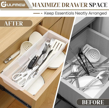 1 Pack Deep Drawer Organizer Bins, Adjustable Sliding Drawer Organizer Bin Expandable Tray for Kitchen Utensils, BBQ Tools, Towels, Durable Plastic Sliding for Easy Storage (17" to 27”)