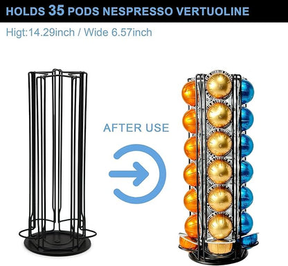 Coffee Pod Holder Carousel Organizer for Nespresso VertuoLine -35 Capsule Coffee Pod Holder with 360° Rotation, Space-Saving Design for Kitchen Countertops, Fits All Vertuo Pods (Sleek Black)