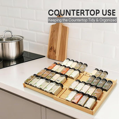 Thalomely Bamboo Spice Drawer Organizer, (Need 3.1” Deep Drawer) Expandable 4 Tier Spice Rack for Cabinet (From 12" to 23" Wide), Seasoning Storage Insert, Spice Organizer for Drawer,Jars Not Included