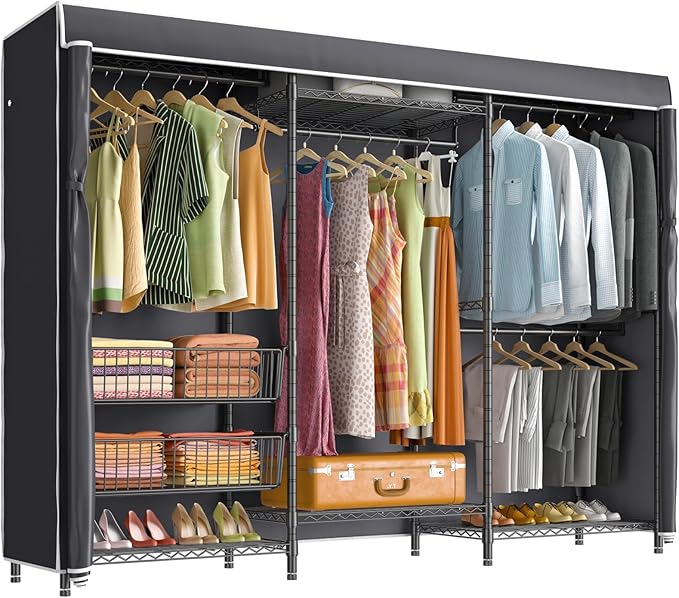 VIPEK V10C Portable Closets Heavy Duty Clothes Rack with Slid Basket, Covered Wardrobe Closet, Black Clothing Rack with Black Fabric Cover, Adjustable Closet Storage Rack 70.1" Lx17.3 Wx76.4 H