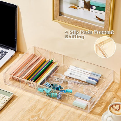 Briwooody 1 Pcs Acrylic Drawer Organizer 9'' up to 18'' x 15'' x 2'' Expandable Drawer Organizer Pens Notebook Ruler Makeup Tray with 7 Adjustable Compartments for Desk Office Kitchen Bathroom(Clear)