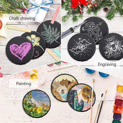 8 PCS Round Slate Drink Coasters Set, SIJDIEE 4 Inch Laser Engraving Black Slate Stone Coasters with Anti-Scratch Bottom and Coaster Holder for Office Bar Kitchen Home Dinner Table Decor Supplies