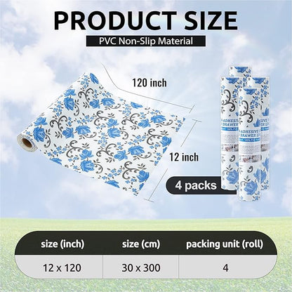 FIFTY FEET 12X120 Inch Shelf Liner for Kitchen Cabinets, PVC Drawer Liner for Dresser Non-Slip Bathroom, Non-Adhesive Cabinet Liner Washable (Blue Floral)(4 Roll)