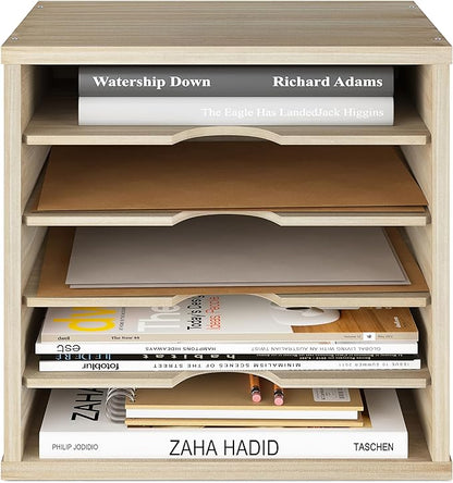 Ballucci Wood File Organizer Paper Sorter, 5 Tier Adjustable Shelves Office Desk Organizer 13 5/8" x 9 1/4" x 12", Brushed Wood