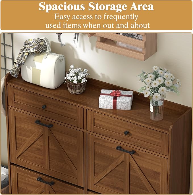 Shoe Cabinet with 4 Flip Drawers & 2 Storage Drawers, Rustic Farmhouse Narrow Shoe Organizer Cabinet, Slim Shoe Rack Cabinet, Shoe Storage Cabinet for Entryway, Hallway, Front Door