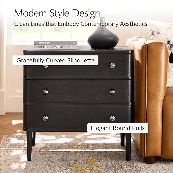 HULALA HOME Modern End Table with Charge Station, 3 Drawer Wood Side Table with Solid Wood Legs & Adjustable Feet, Curved Design End Table, Charcoal