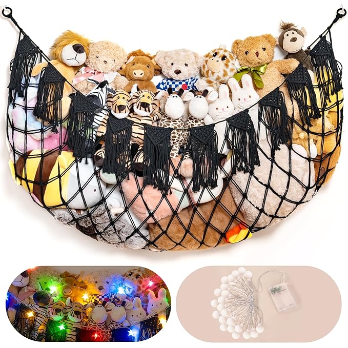 Stuffed Animal Storage Hammock with Lights- Boho Wall Hanging Plushie Net for Stuff Aanimal Organizer and Toy Display, Big Toy Hammock for Kids boys Bedrooms Playroom Nursery(Black)