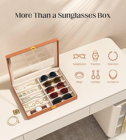 sensok Sunglasses Organizer Storage Box - 10 Slots Eyeglass Display Case for Multiple Pair Glasses, Sunglass Holder with Clear Glass Lid, Jewelry and Watch Collection Box for Women and Men, Brown