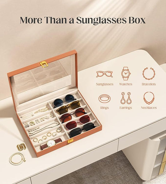 sensok Sunglasses Organizer Storage Box - 10 Slots Eyeglass Display Case for Multiple Pair Glasses, Sunglass Holder with Clear Glass Lid, Jewelry and Watch Collection Box for Women and Men, Brown