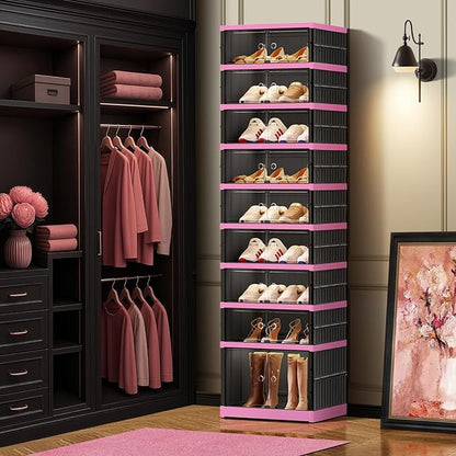 CIMLORD 9-Tier Foldable Shoe Rack Organizer for Closet,18 Pairs Collapsible Plastic Shoe Shelf,Clear Stackable Shoe Storage Boxes with Door Easy Assembly,Shoe Cabinet with Lids Large（Black-pink）