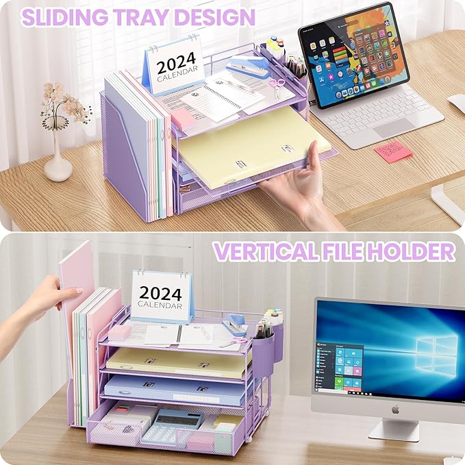 OPNICE Desk Organizer, 4-Tier Desktop File Organizer with Drawer and 2 Pen Holders, Office Desk Accessories, File Sorters, Workspace Organizers for Office Supplies(Purple)
