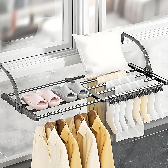 Portable Clothes Drying Rack for Balcony Railings Windowsill, Folding Towel Rack Indoor Outdoor Retractable Laundry Rack with Sock Clips for Drying Socks (Small)