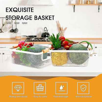 4 Pcs Metal Wire Basket with Wooden Handles Mesh Steel Storage Organizer Bin Containers for Home Organizing Cabinet Pantry Closet Kitchen Fridge Fruit Makeup Snacks Gifts(Small,Cream White)