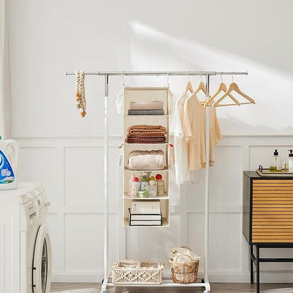 MAX Houser 5 Shelf Hanging Closet Organizer, Space Saver, Cloth Hanging Shelves with 4 Side Pockets, Foldable, Beige