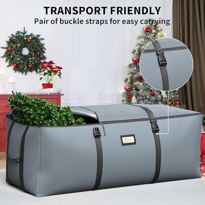Christmas Tree Storage Bag, Fits Up to 9 Ft Artificial Christmas Tree with Buckle Straps & Dual Zippers & Handles, 600D PVC Durable Waterproof Material Protects from Dust (Grey)