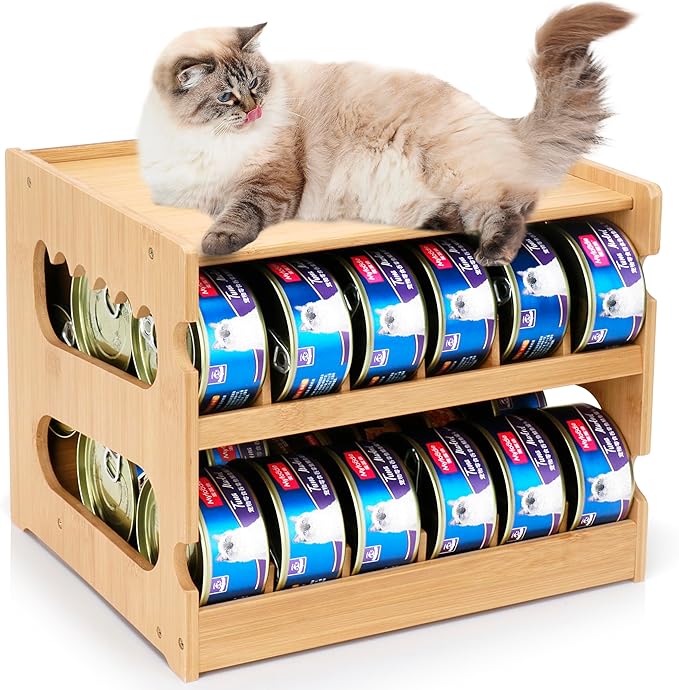 PLITTPETTS Bamboo Can Organizer for Pantry, 2 Tier Bamboo Pantry Organizer for Kitchen Counter, Cat Food Storage Holds Up to 36 Cans, Can Rack Organizer for Human and Pet Food Cans, FIFO Design