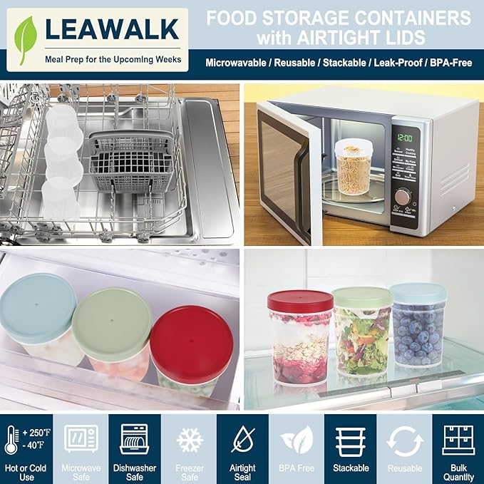 LEAWALK 32 oz Twist Top Soup Deli Freezer Storage Container BPA Free, PP plastic high temperature resistant material, Leak Proof, Stackable, Microwave Dishwasher Safe-3 Pack