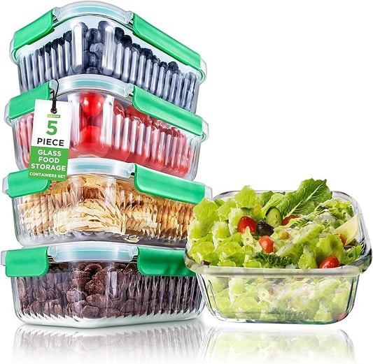 NutriChef 10-Piece Superior Glass Food Storage Containers Set (5 Containers + 5 Locking Lids),Stackable Meal-prep Design, BPA-free Airtight Clear Locking lids with Vent Lids & Air Hole, Wave