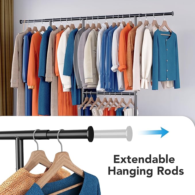 HOKEEPER Clothes Rack, Clothing Rack for Hanging Clothes Heavy Duty Garment Rack with Wheels Commercial Portable Freestanding Closet Rack with Shelves for Bedroom, Living Room, Laundry, Balcony, Black