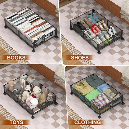 Under Bed Storage Containers,2 Pack Foldable Underbed Storage Containers with Handles and Wheels,Folding Bed Shoes Clothes Organizer,Easy Assembly Underbed Storage for Toy ,Bedding,Bedroom(Black)