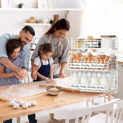 Egg Basket for Countertop, Egg Holder Countertop with 5 Dividers & Labels, 3 Tier Stackable Wire Storage Baskets to Keep Eggs Organized, Egg Organizer Decorative Rack for Kitchen & Home, White