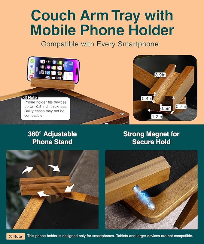 Acacia Couch Arm Tray Table – Fits Most of The Sofa Arms, 3 in 1 Adjustable Couch Arm Table with 360° Rotating Phone Holder, Wire Holder & Non-Slip Mat – Perfect Sofa Tray for Snacks & Coffee