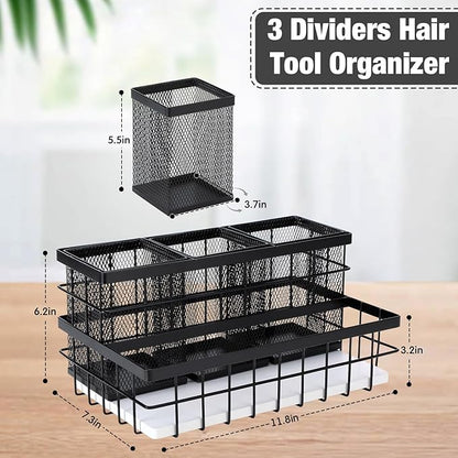 AceOrbit 1 Pcs Hair Tool Organizer Countertop Breathable Metal & Bamboo Hot Tools Organizer Under Sink Bathroom Hair Dryer Holder Countertop Brush Comb Holder,makeup tray (White Bamboo,Black)