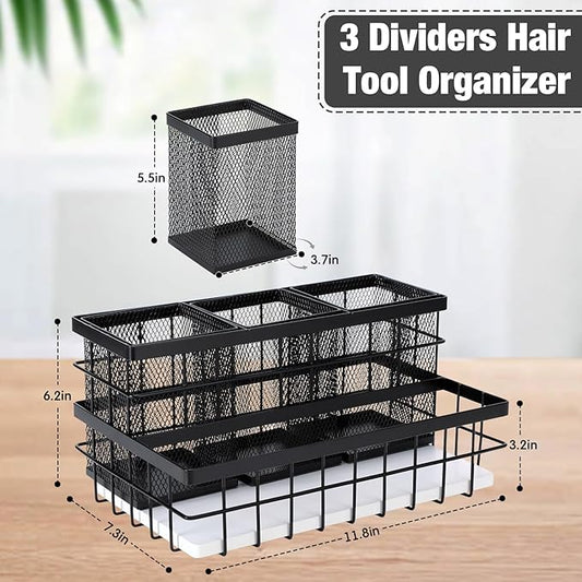 AceOrbit 1 Pcs Hair Tool Organizer Countertop Breathable Metal & Bamboo Hot Tools Organizer Under Sink Bathroom Hair Dryer Holder Countertop Brush Comb Holder,makeup tray (White Bamboo,Black)