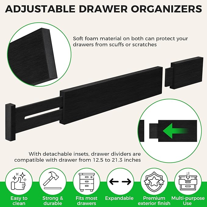 4 Pack Bamboo Kitchen Drawer Dividers with Inserts 2.6" High, Adjustable from 12.5 Inch to 21.7 Inch Drawer Organizers, Expandable Drawer Separators for Clothes, Bedroom, Dresser, Office (Black)