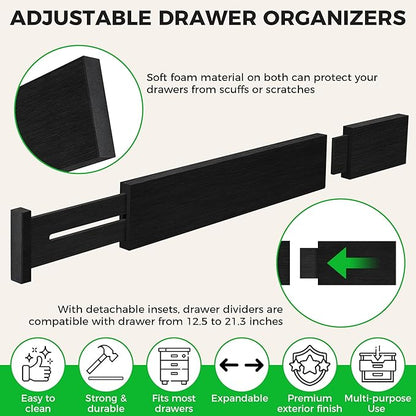 4 Pack Bamboo Kitchen Drawer Dividers with Inserts 2.6" High, Adjustable from 12.5 Inch to 21.7 Inch Drawer Organizers, Expandable Drawer Separators for Clothes, Bedroom, Dresser, Office (Black)