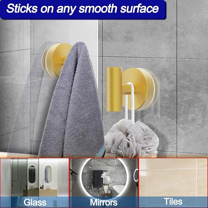 Bntuk Suction Cup Hooks, Shower Hooks for Inside Shower – Removable Towel Hooks for Bathroom Window Glass Mirror Tile, Bath Robe Looafh Hook for Hanging – Waterproof & Rustproof, Gold(4 Pack)